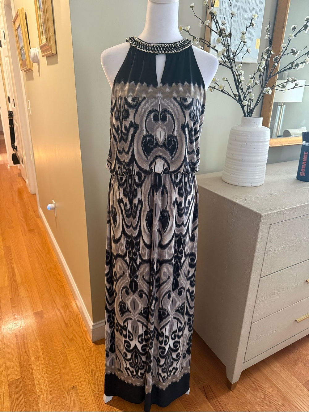 London Times Black and Taupe Printed Halter Maxi Dress